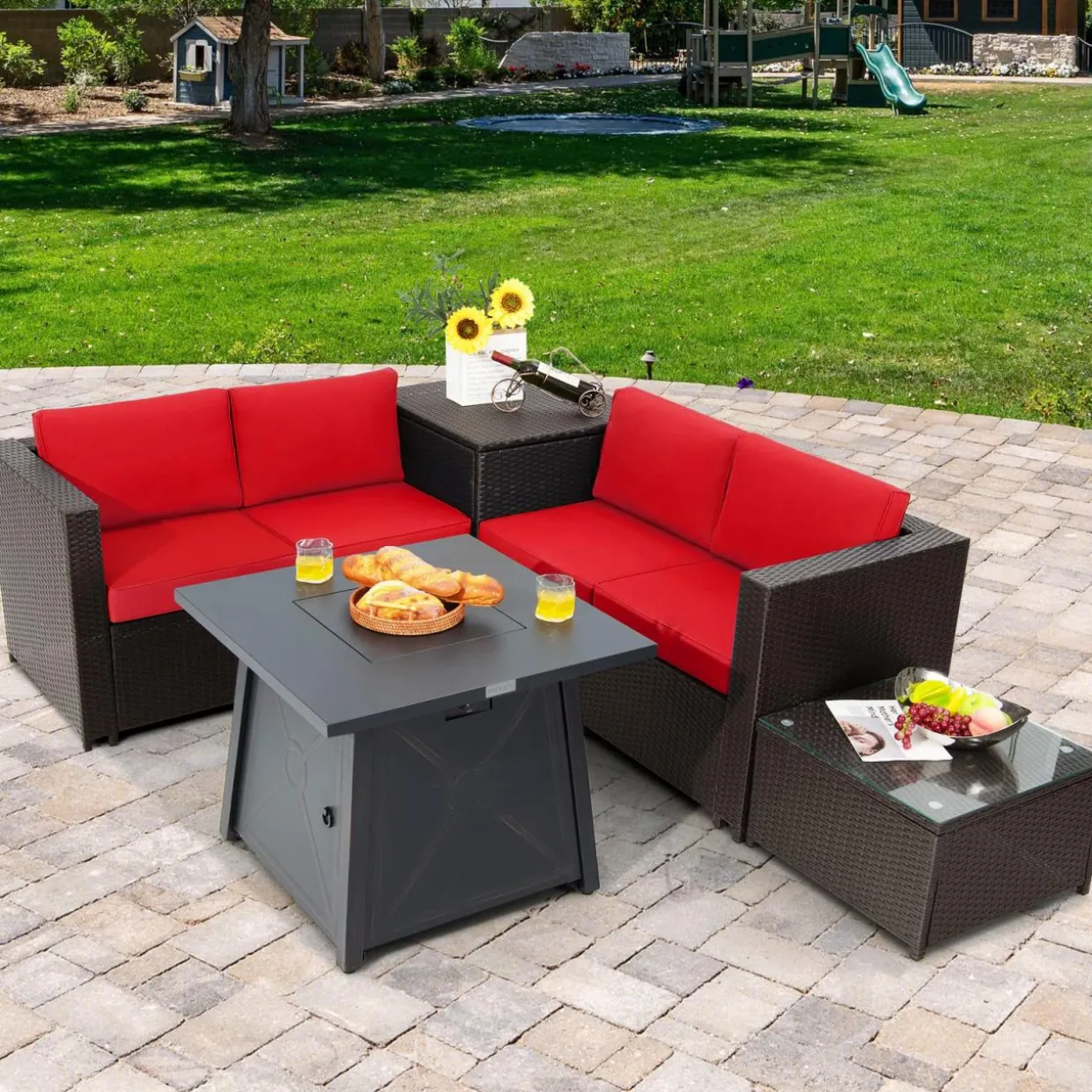 Tangkula 5 Piece Patio Furniture Set with 50,000 BTU Propane Fire Pit Table, Outdoor Wicker Conversation Set