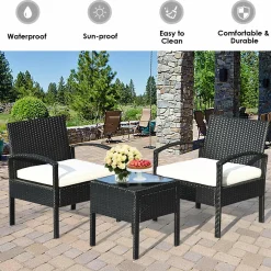Tangkula 3 Piece Patio Furniture Set with 2 Cushioned Chairs & End Table, Black