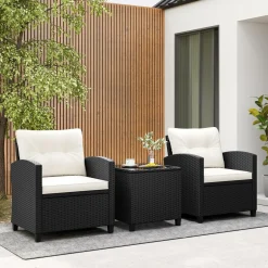 Tangkula 3 Piece Patio Furniture Set, Rattan Conversation Set w/Soft Seat & Back Cushions