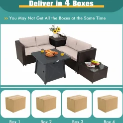 Tangkula 5 Piece Patio Furniture Set with 50,000 BTU Propane Fire Pit Table, Outdoor Wicker Conversation Set