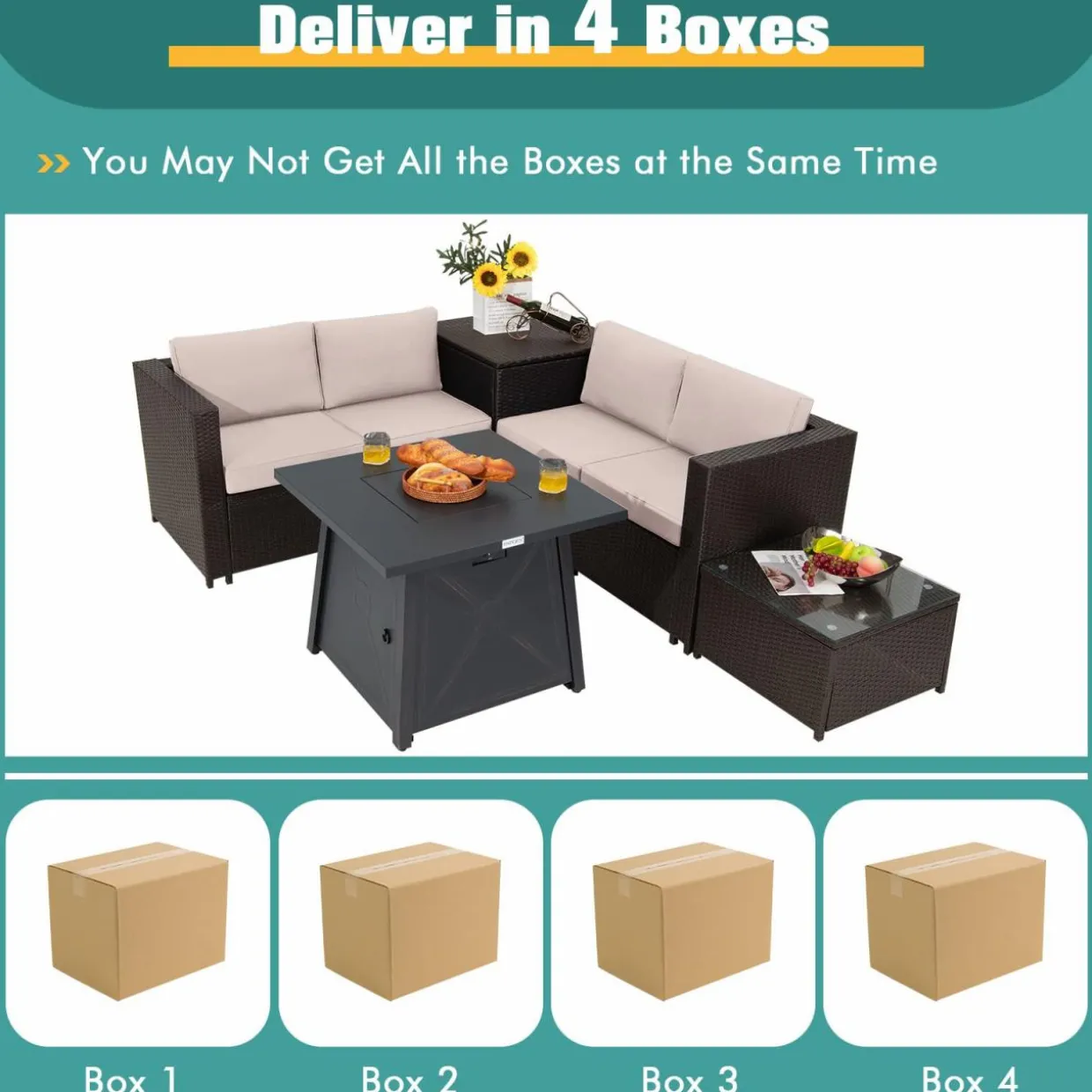 Tangkula 5 Piece Patio Furniture Set with 50,000 BTU Propane Fire Pit Table, Outdoor Wicker Conversation Set