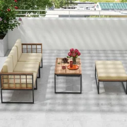 Tangkula 5 Piece Patio Furniture Set, Acacia Wood Sectional Set with Heavy-Duty Metal Frame, Comfy Seat & Back Cushions
