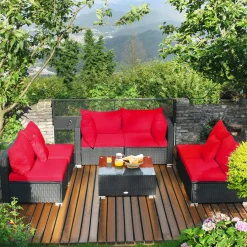 Tangkula 7 Piece Patio Furniture Set, Outdoor Sectional Sofa w/Pillows and Cushions, Wicker Sofa Conversation Set with Coffee Table