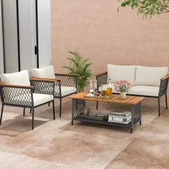 Tangkula 4 Piece Patio Furniture Set, Patiojoy Rattan Chair Set w/ 2-Tier Coffee Table