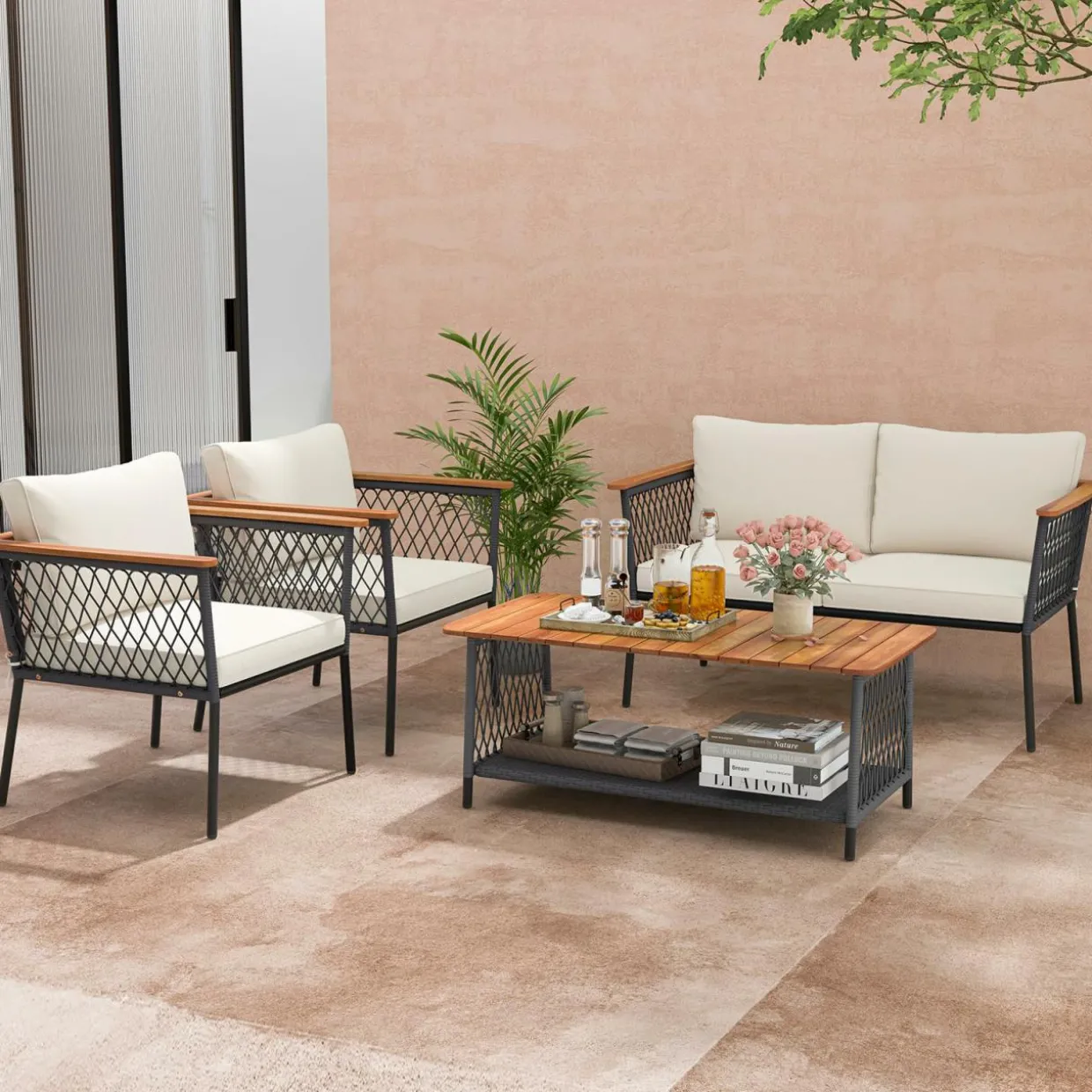 Tangkula 4 Piece Patio Furniture Set, Patiojoy Rattan Chair Set w/ 2-Tier Coffee Table