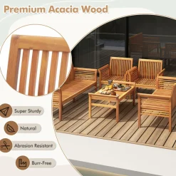 Tangkula 5 Piece Patio Furniture Set, Acacia Wood Conversation Set with 3-Seat Bench, Loveseat