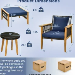 Tangkula 5 Piece Patio Furniture Set, Patiojoy Wicker Chair Set with Coffee Table & 2 Ottomans (Navy)