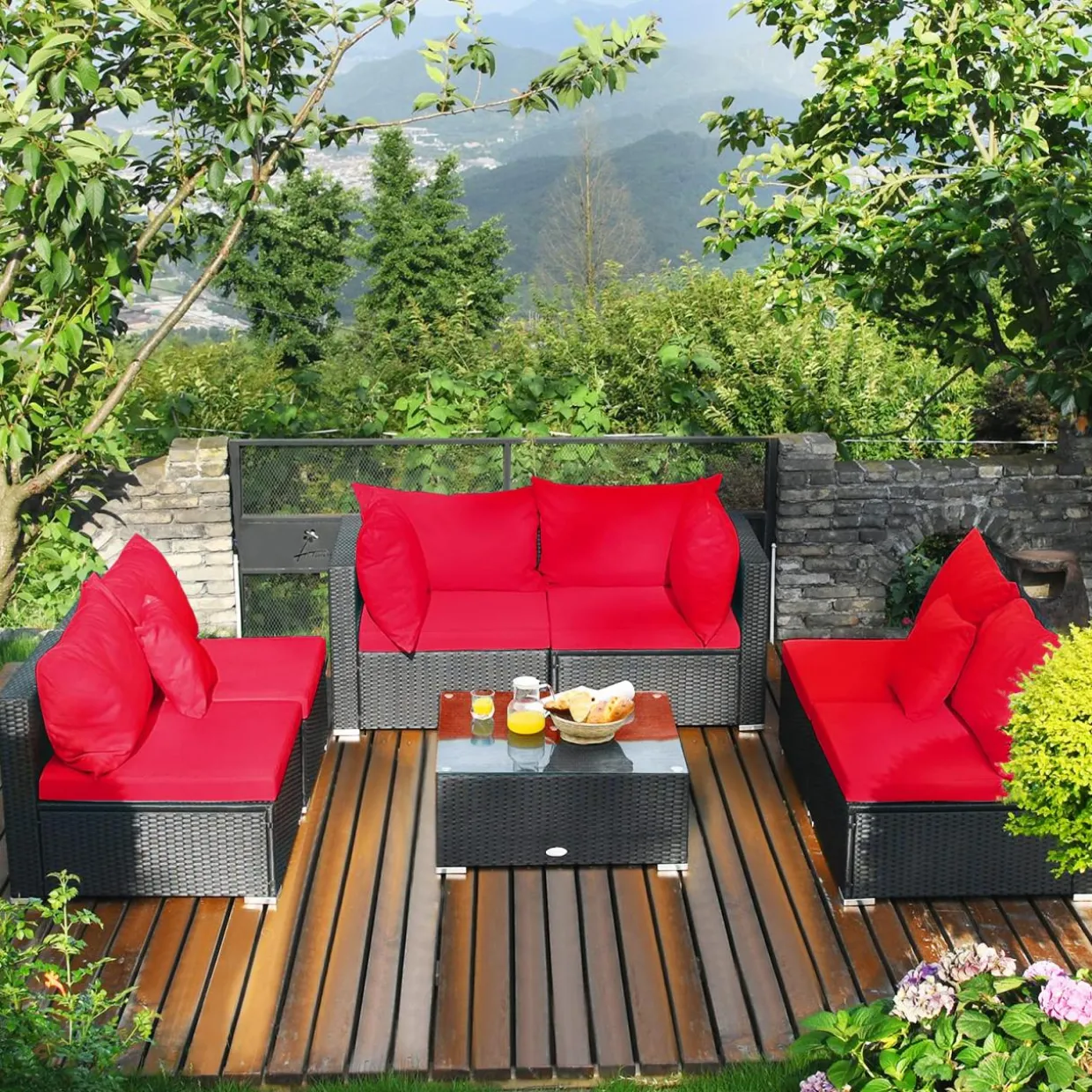 Tangkula 7 Piece Patio Furniture Set, Outdoor Sectional Sofa w/Pillows and Cushions, Wicker Sofa Conversation Set with Coffee Table