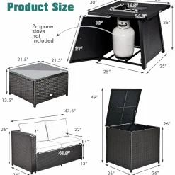 Tangkula 5 Piece Patio Furniture Set with 50,000 BTU Propane Fire Pit Table, Outdoor Wicker Conversation Set