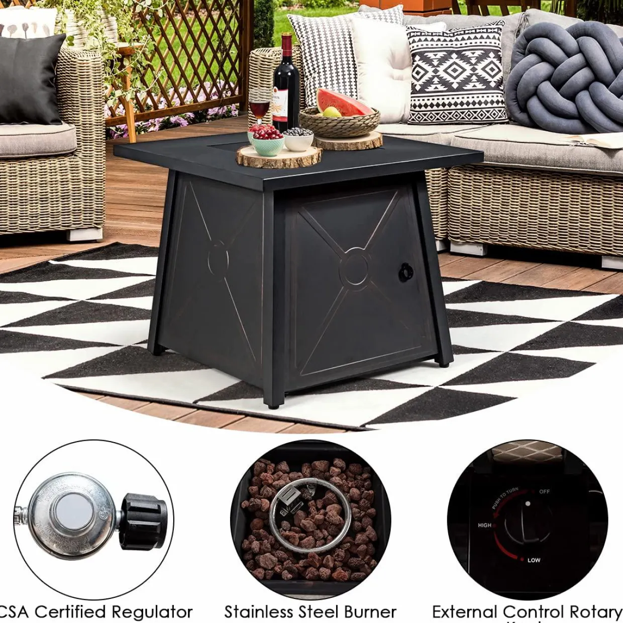 Tangkula 5 Piece Patio Furniture Set with 50,000 BTU Propane Fire Pit Table, Outdoor Wicker Conversation Set