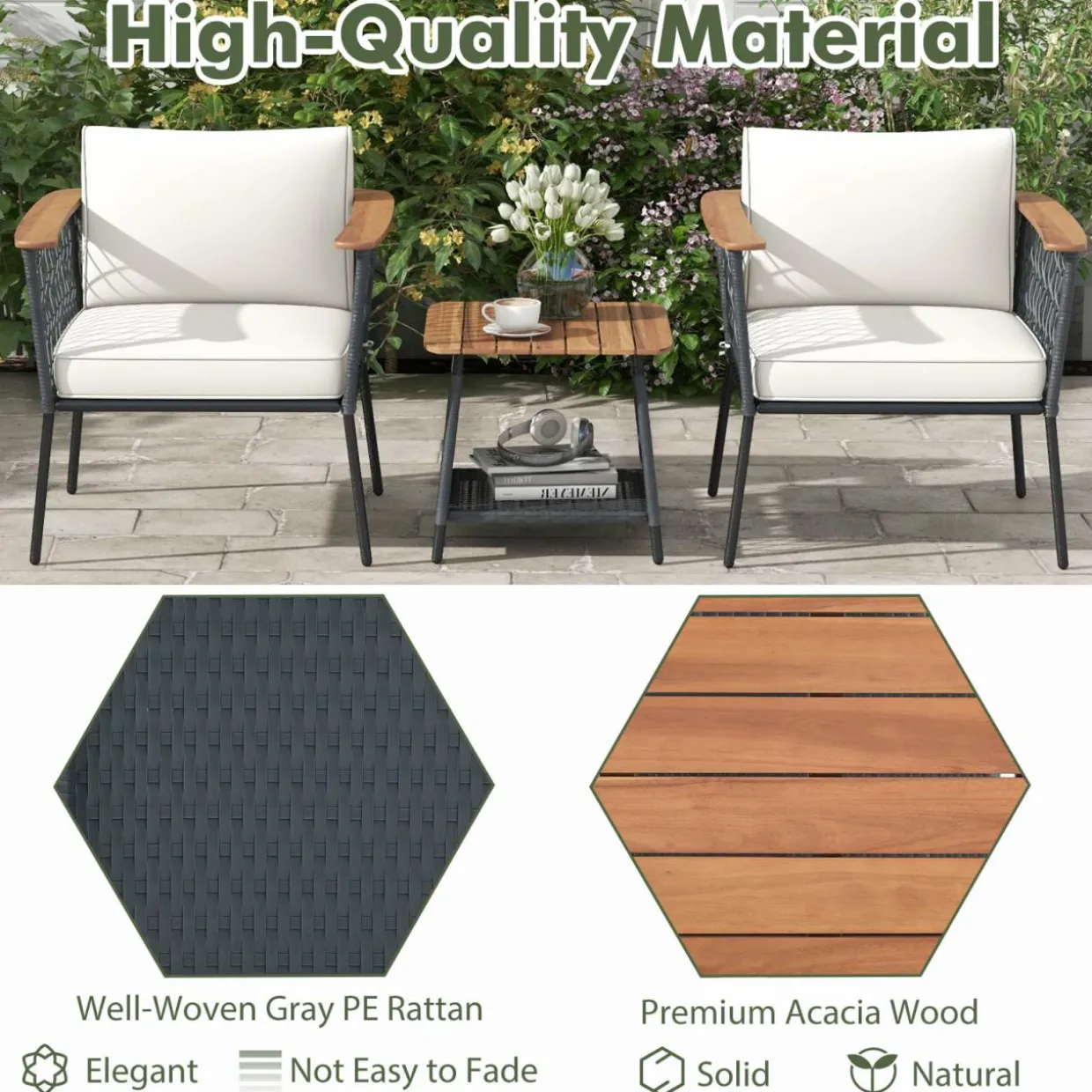 Tangkula 3 Piece Patio Furniture Set, Rattan Chair Set w/ 2-Tier Coffee Table, Acacia Wood Armrests & Tabletop, Soft Seat & Back Cushions