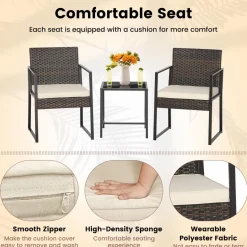 Tangkula 3 Piece Patio Furniture Set, Modern Heavy Duty All Weather Cushioned Wicker Chairs and Coffee Table Set