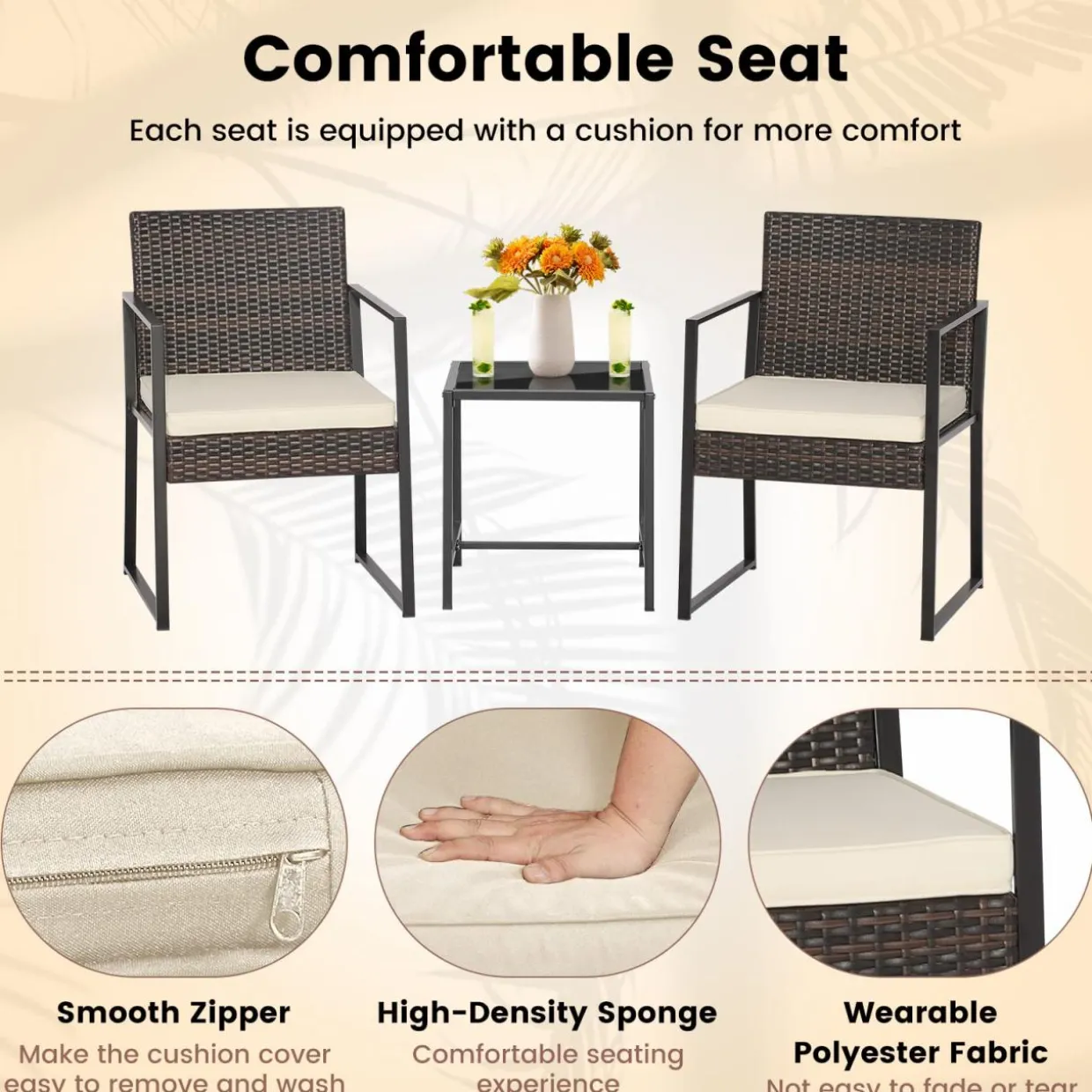 Tangkula 3 Piece Patio Furniture Set, Modern Heavy Duty All Weather Cushioned Wicker Chairs and Coffee Table Set
