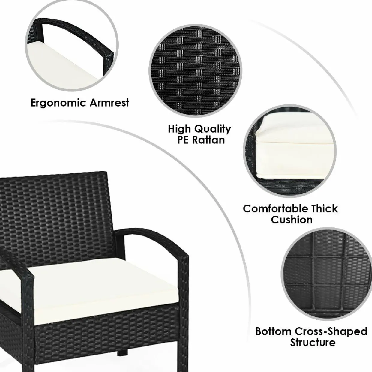 Tangkula 3 Piece Patio Furniture Set with 2 Cushioned Chairs & End Table, Black