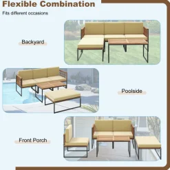 Tangkula 5 Piece Patio Furniture Set, Acacia Wood Sectional Set with Heavy-Duty Metal Frame, Comfy Seat & Back Cushions