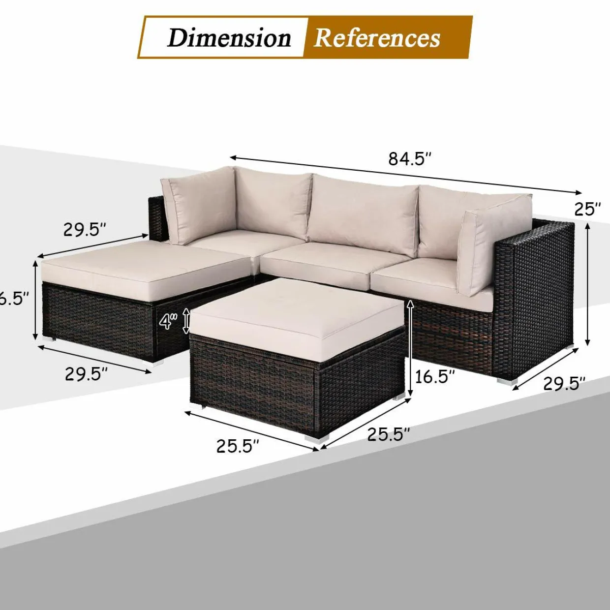 Tangkula 5 Piece Patio Furniture Set, Outdoor Sectional Rattan Sofa Set with Cushions and Coffee Table