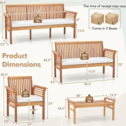 Tangkula 5 Piece Patio Furniture Set, Acacia Wood Conversation Set with 3-Seat Bench, Loveseat