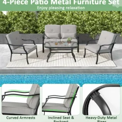 Tangkula 4 Piece Patio Furniture Set, Heavy Duty Outdoor Conversation Set with Soft Padded Cushions & Waist Pillows