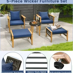 Tangkula 5 Piece Patio Furniture Set, Patiojoy Wicker Chair Set with Coffee Table & 2 Ottomans (Navy)