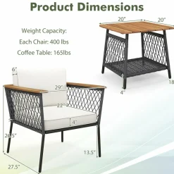 Tangkula 3 Piece Patio Furniture Set, Rattan Chair Set w/ 2-Tier Coffee Table, Acacia Wood Armrests & Tabletop, Soft Seat & Back Cushions