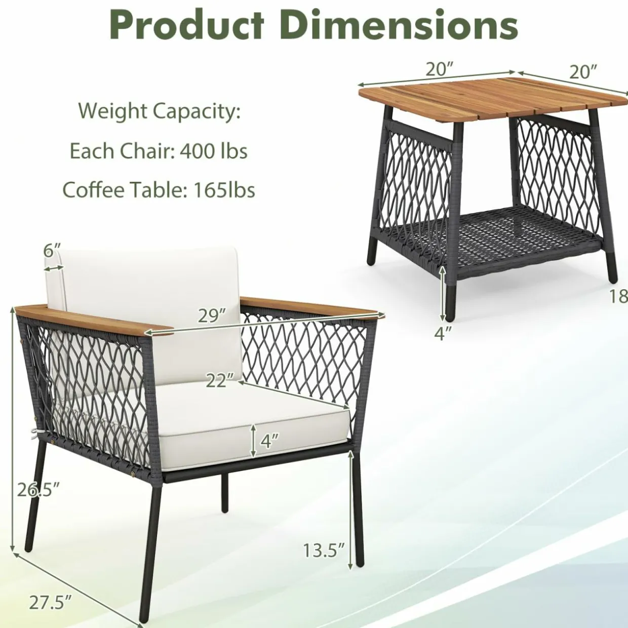 Tangkula 3 Piece Patio Furniture Set, Rattan Chair Set w/ 2-Tier Coffee Table, Acacia Wood Armrests & Tabletop, Soft Seat & Back Cushions