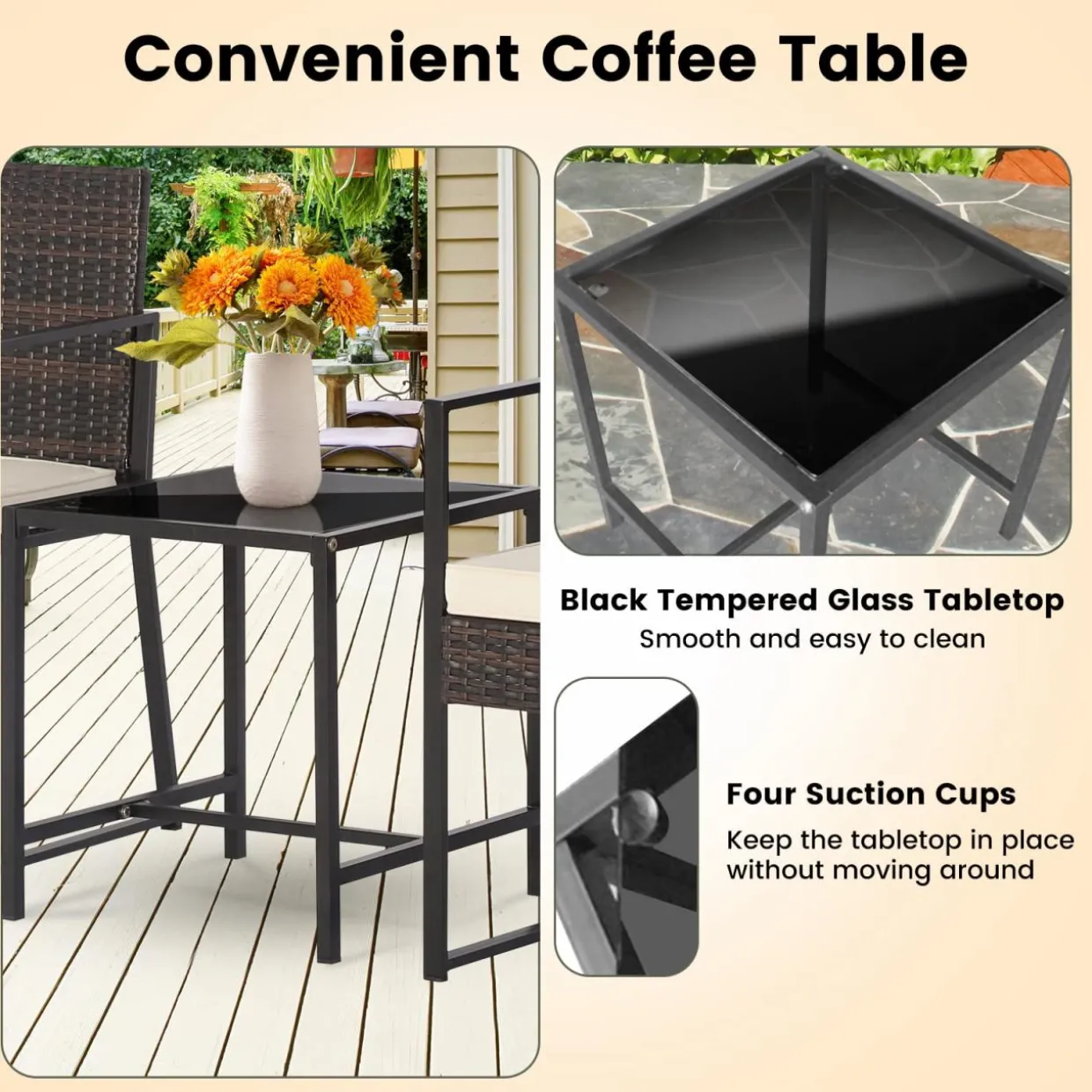 Tangkula 3 Piece Patio Furniture Set, Modern Heavy Duty All Weather Cushioned Wicker Chairs and Coffee Table Set
