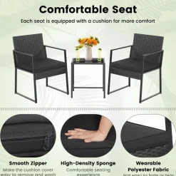 Tangkula 3 Piece Patio Furniture Set, Modern Heavy Duty All Weather Cushioned Wicker Chairs and Coffee Table Set