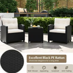 Tangkula 3 Piece Patio Furniture Set, Rattan Conversation Set w/Soft Seat & Back Cushions