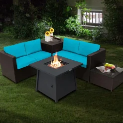 Tangkula 5 Piece Patio Furniture Set with 50,000 BTU Propane Fire Pit Table, Outdoor Wicker Conversation Set