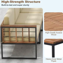 Tangkula 5 Piece Patio Furniture Set, Acacia Wood Sectional Set with Heavy-Duty Metal Frame, Comfy Seat & Back Cushions