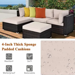 Tangkula 5 Piece Patio Furniture Set, Outdoor Sectional Rattan Sofa Set with Cushions and Coffee Table