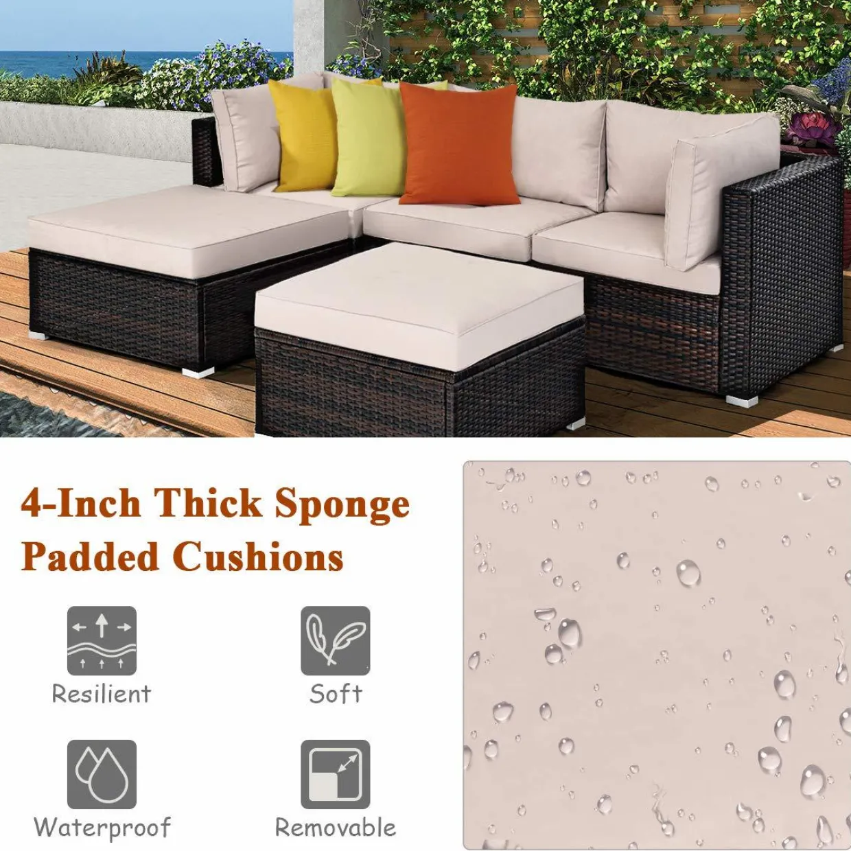 Tangkula 5 Piece Patio Furniture Set, Outdoor Sectional Rattan Sofa Set with Cushions and Coffee Table