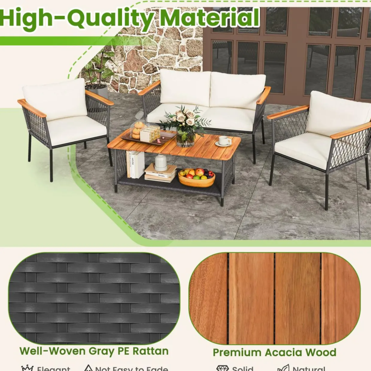 Tangkula 4 Piece Patio Furniture Set, Patiojoy Rattan Chair Set w/ 2-Tier Coffee Table