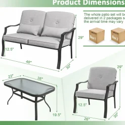 Tangkula 4 Piece Patio Furniture Set, Heavy Duty Outdoor Conversation Set with Soft Padded Cushions & Waist Pillows