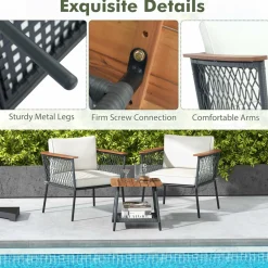 Tangkula 3 Piece Patio Furniture Set, Rattan Chair Set w/ 2-Tier Coffee Table, Acacia Wood Armrests & Tabletop, Soft Seat & Back Cushions