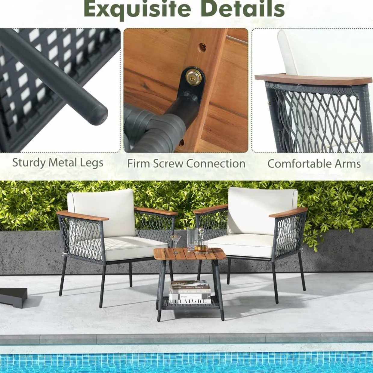 Tangkula 3 Piece Patio Furniture Set, Rattan Chair Set w/ 2-Tier Coffee Table, Acacia Wood Armrests & Tabletop, Soft Seat & Back Cushions