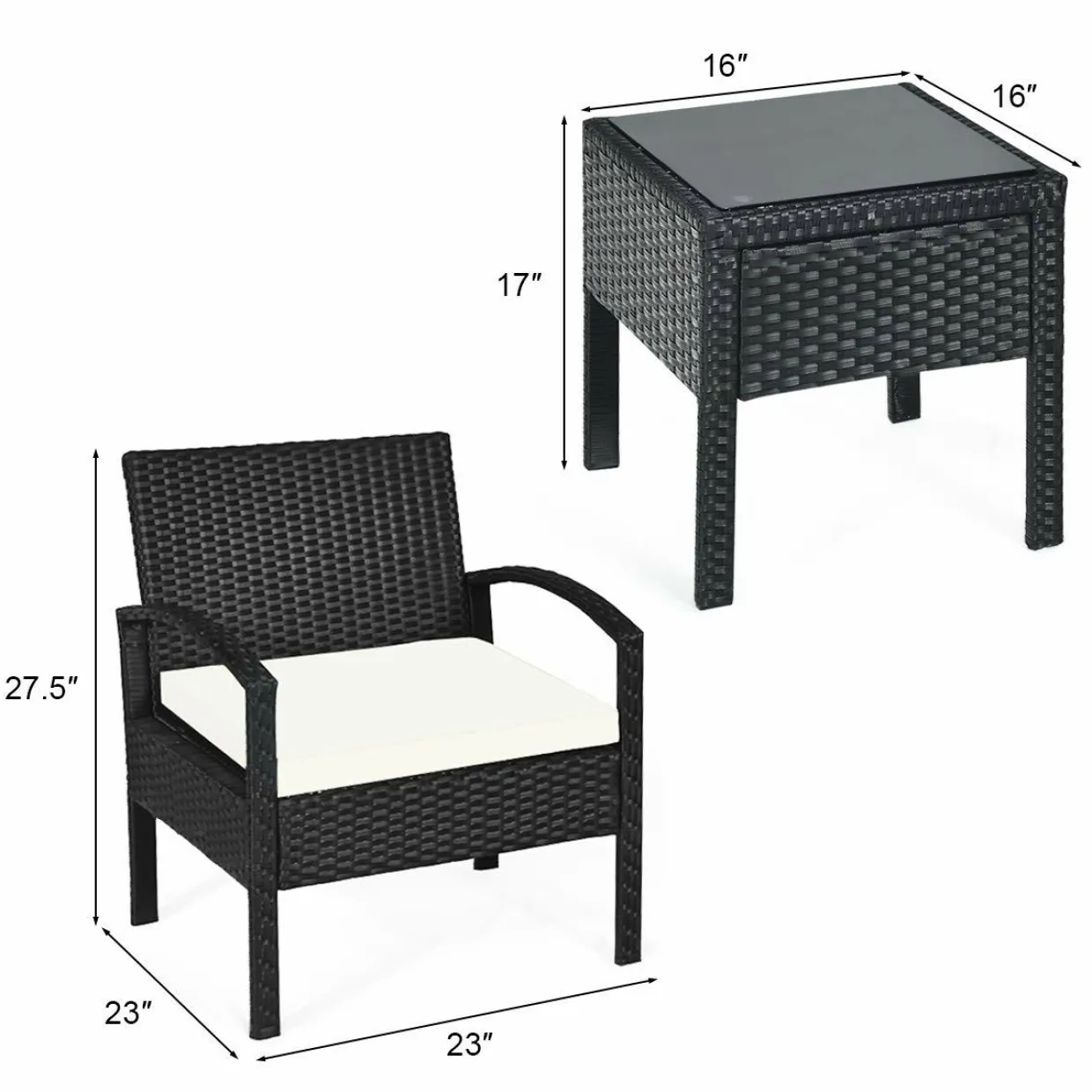 Tangkula 3 Piece Patio Furniture Set with 2 Cushioned Chairs & End Table, Black