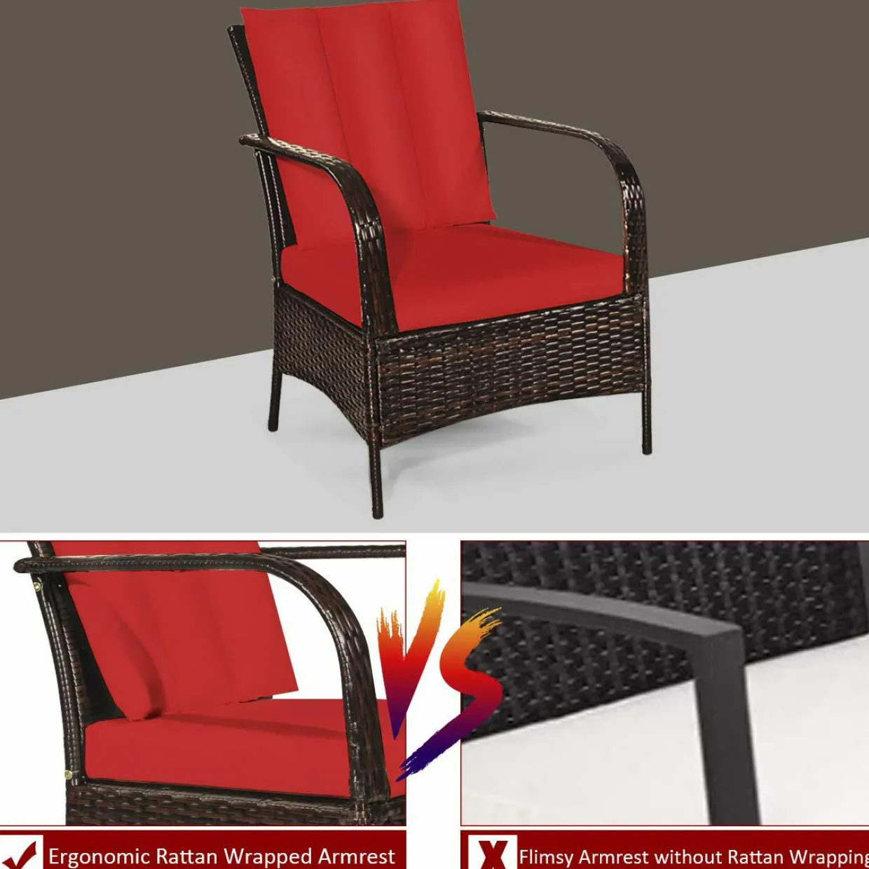 Tangkula 3 Piece Patio Furniture Set, 2 Wicker Chairs with Glass Top Coffee Table