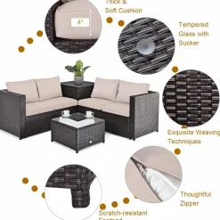 Tangkula 5 Piece Patio Furniture Set with 50,000 BTU Propane Fire Pit Table, Outdoor Wicker Conversation Set