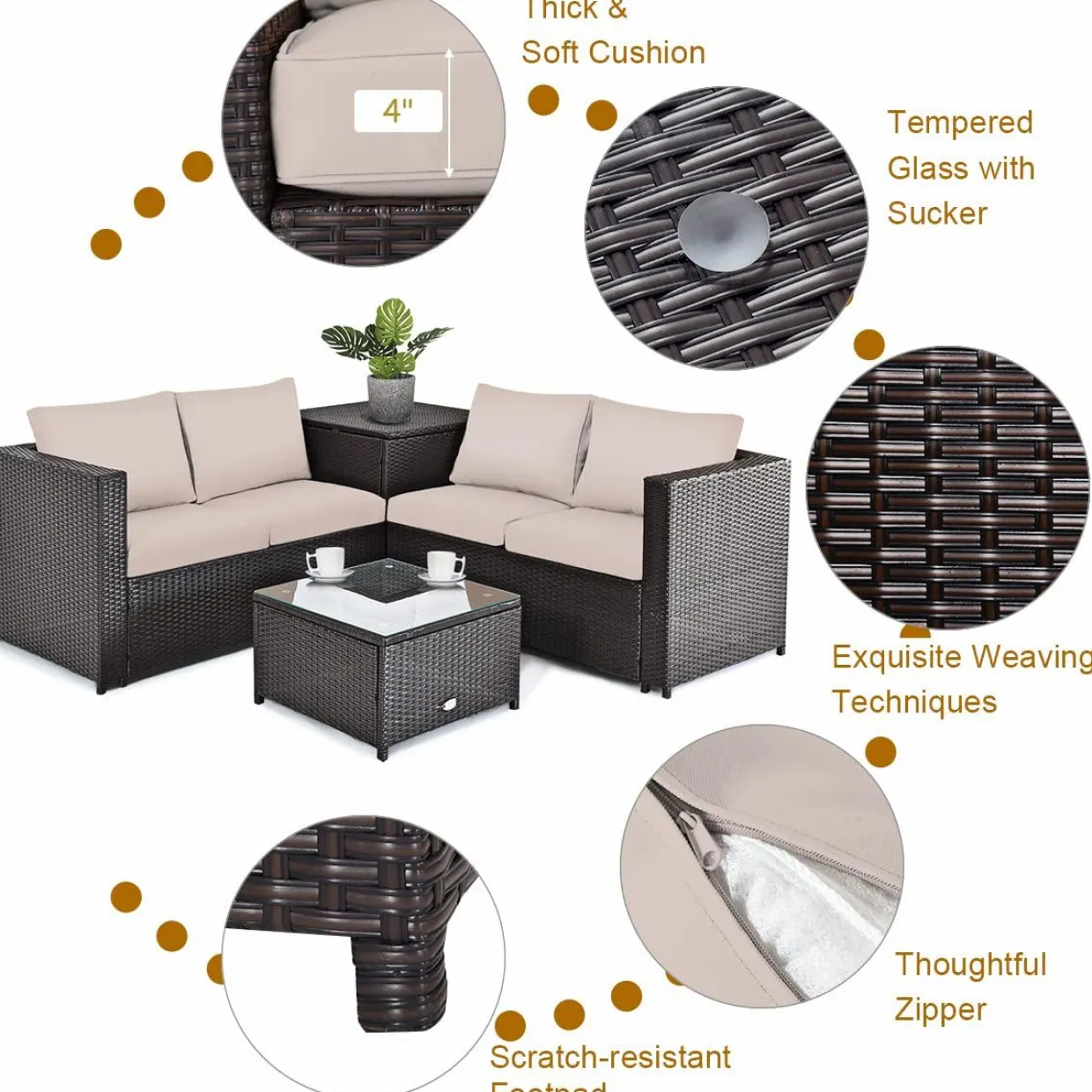 Tangkula 5 Piece Patio Furniture Set with 50,000 BTU Propane Fire Pit Table, Outdoor Wicker Conversation Set
