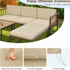 Tangkula 5 Piece Patio Furniture Set, Acacia Wood Sectional Set with Heavy-Duty Metal Frame, Comfy Seat & Back Cushions