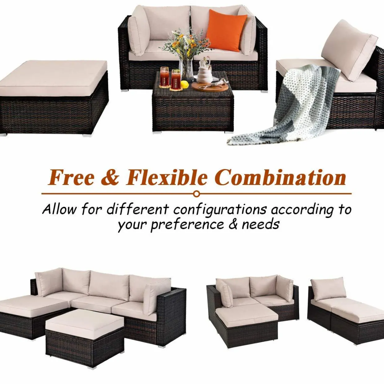 Tangkula 5 Piece Patio Furniture Set, Outdoor Sectional Rattan Sofa Set with Cushions and Coffee Table