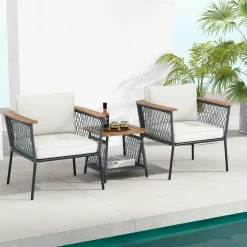 Tangkula 3 Piece Patio Furniture Set, Rattan Chair Set w/ 2-Tier Coffee Table, Acacia Wood Armrests & Tabletop, Soft Seat & Back Cushions