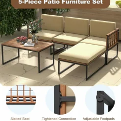 Tangkula 5 Piece Patio Furniture Set, Acacia Wood Sectional Set with Heavy-Duty Metal Frame, Comfy Seat & Back Cushions