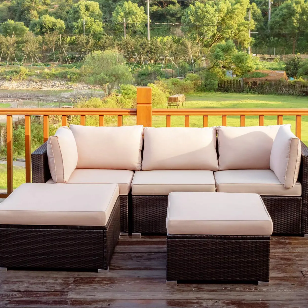 Tangkula 5 Piece Patio Furniture Set, Outdoor Sectional Rattan Sofa Set with Cushions and Coffee Table