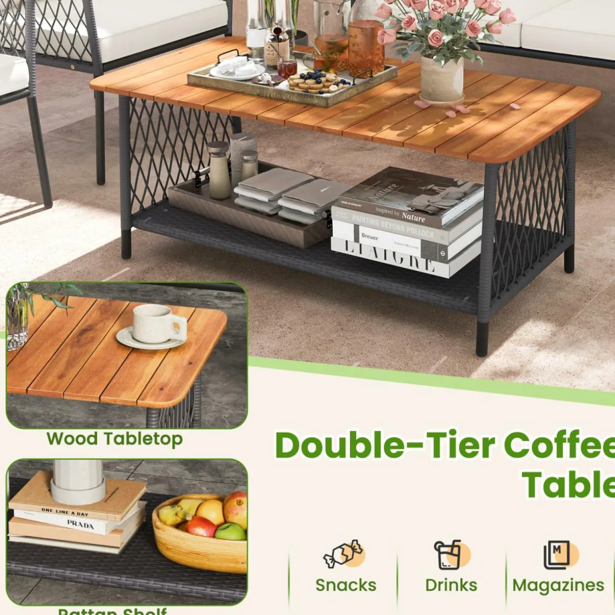 Tangkula 4 Piece Patio Furniture Set, Patiojoy Rattan Chair Set w/ 2-Tier Coffee Table