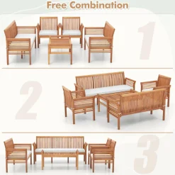 Tangkula 5 Piece Patio Furniture Set, Acacia Wood Conversation Set with 3-Seat Bench, Loveseat