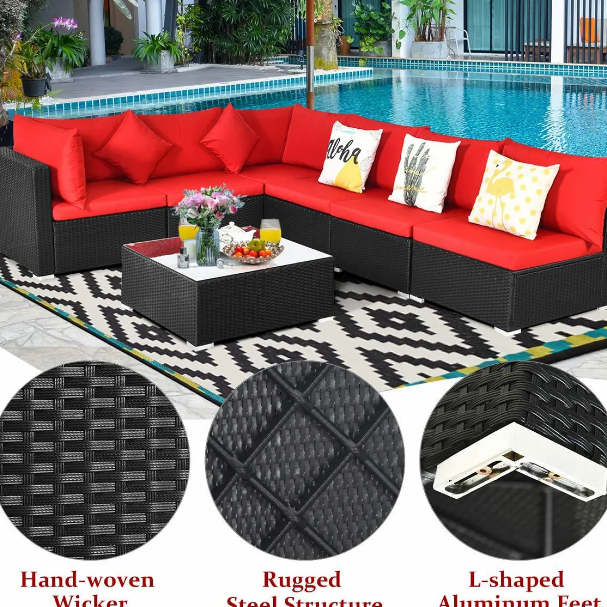 Tangkula 7 Piece Patio Furniture Set, Outdoor Sectional Sofa w/Pillows and Cushions, Wicker Sofa Conversation Set with Coffee Table