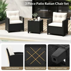 Tangkula 3 Piece Patio Furniture Set, Rattan Conversation Set w/Soft Seat & Back Cushions