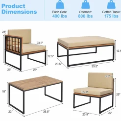 Tangkula 5 Piece Patio Furniture Set, Acacia Wood Sectional Set with Heavy-Duty Metal Frame, Comfy Seat & Back Cushions
